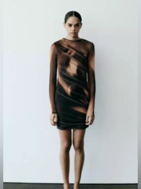 ZARA Khaki Printed Tulle Dress